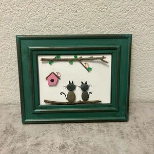 Pebble Art Green Framed Cat Art with Birdhouse